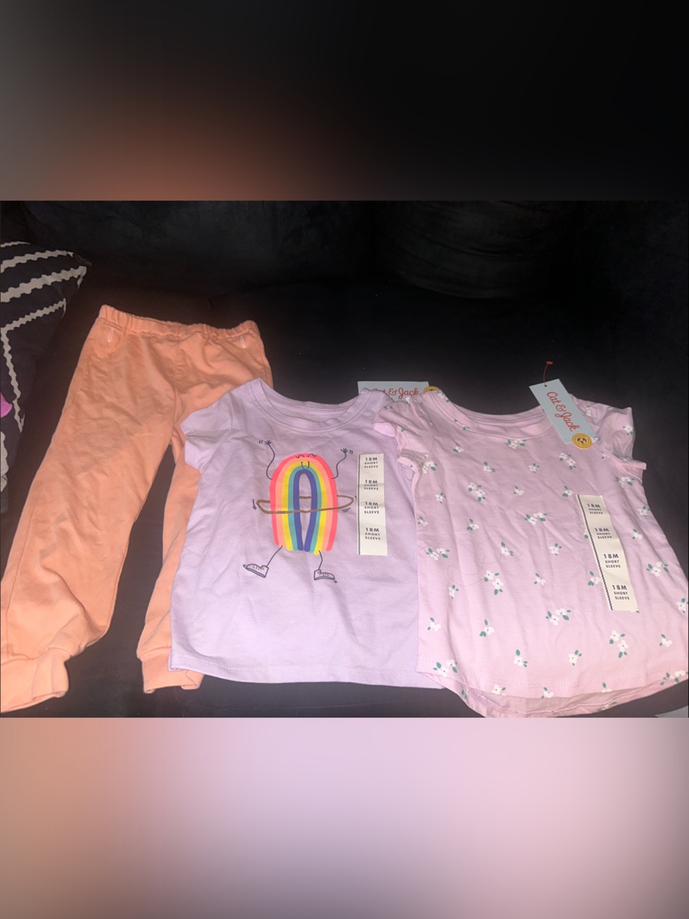 Cat & Jack Lavender Rainbow Tee, Pink Floral Tee & Peach Leggings